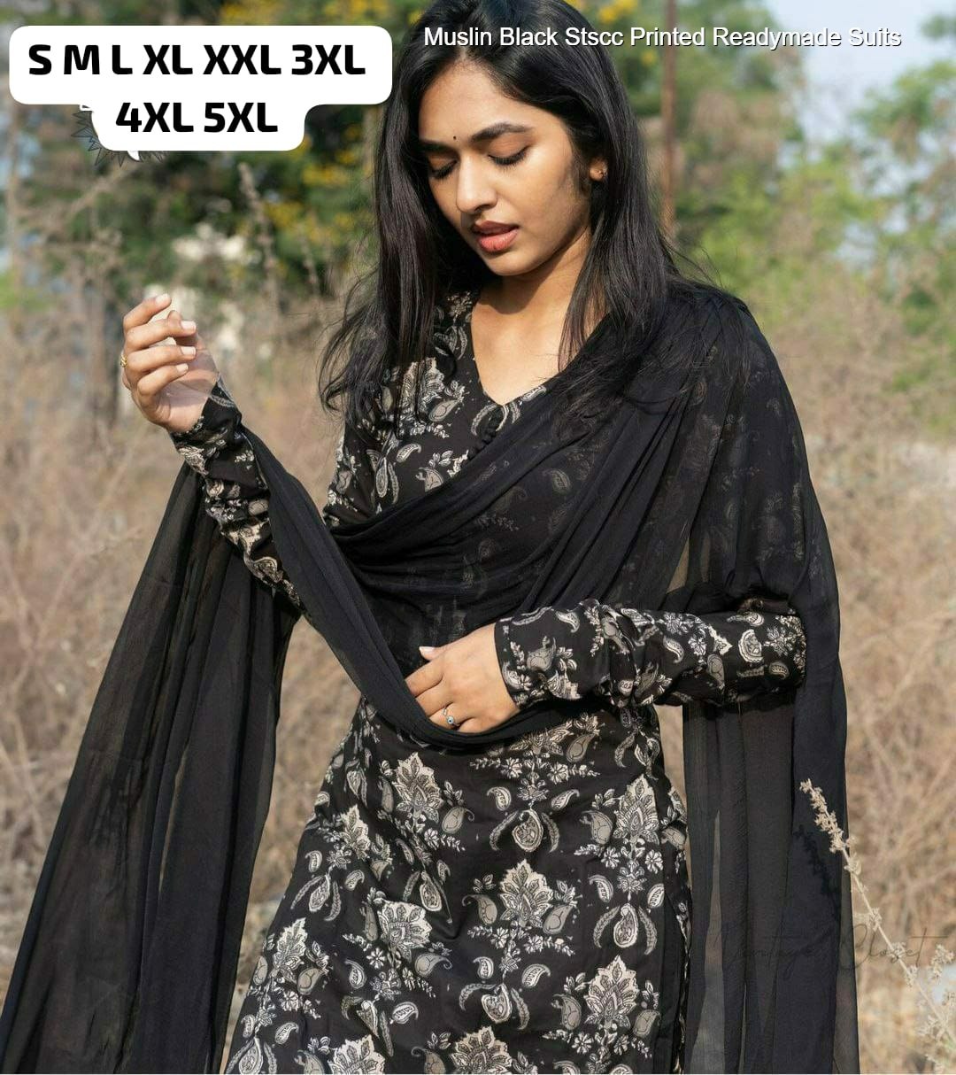 Muslin Black Stscc Printed Readymade Suits