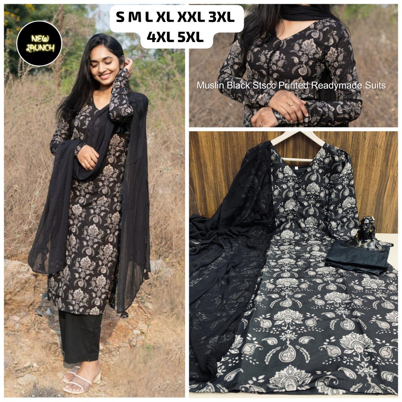 Muslin Black Stscc Printed Readymade Suits