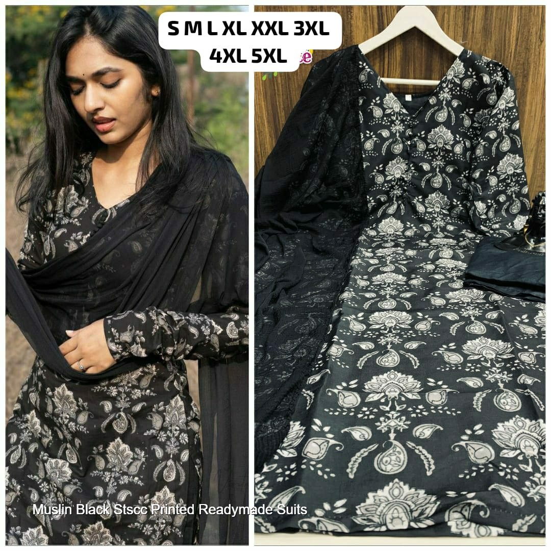 Muslin Black Stscc Printed Readymade Suits
