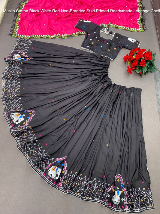 Muslin Cotton Black White Red Non-Branded Stkri Printed Readymade Lehenga Choli