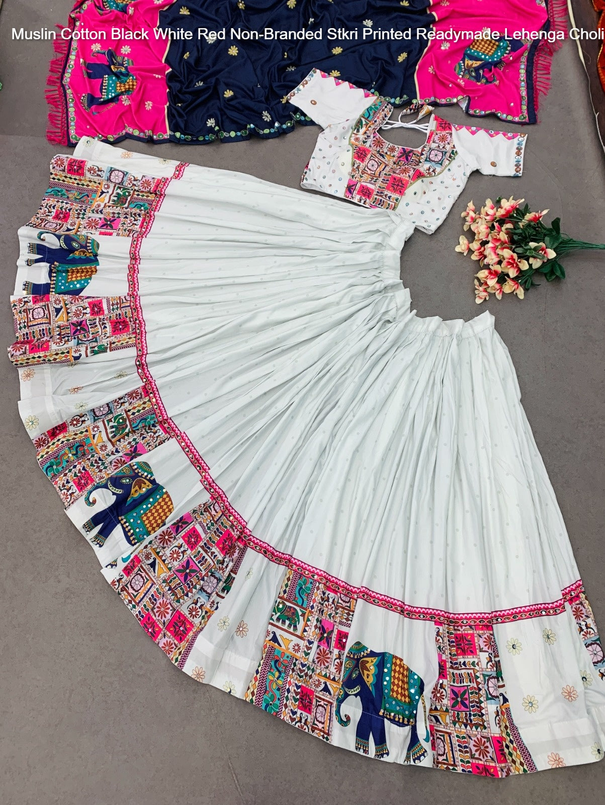 Muslin Cotton Black White Red Non-Branded Stkri Printed Readymade Lehenga Choli