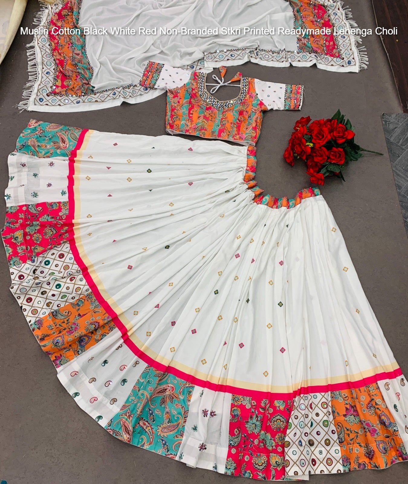 Muslin Cotton Black White Red Non-Branded Stkri Printed Readymade Lehenga Choli