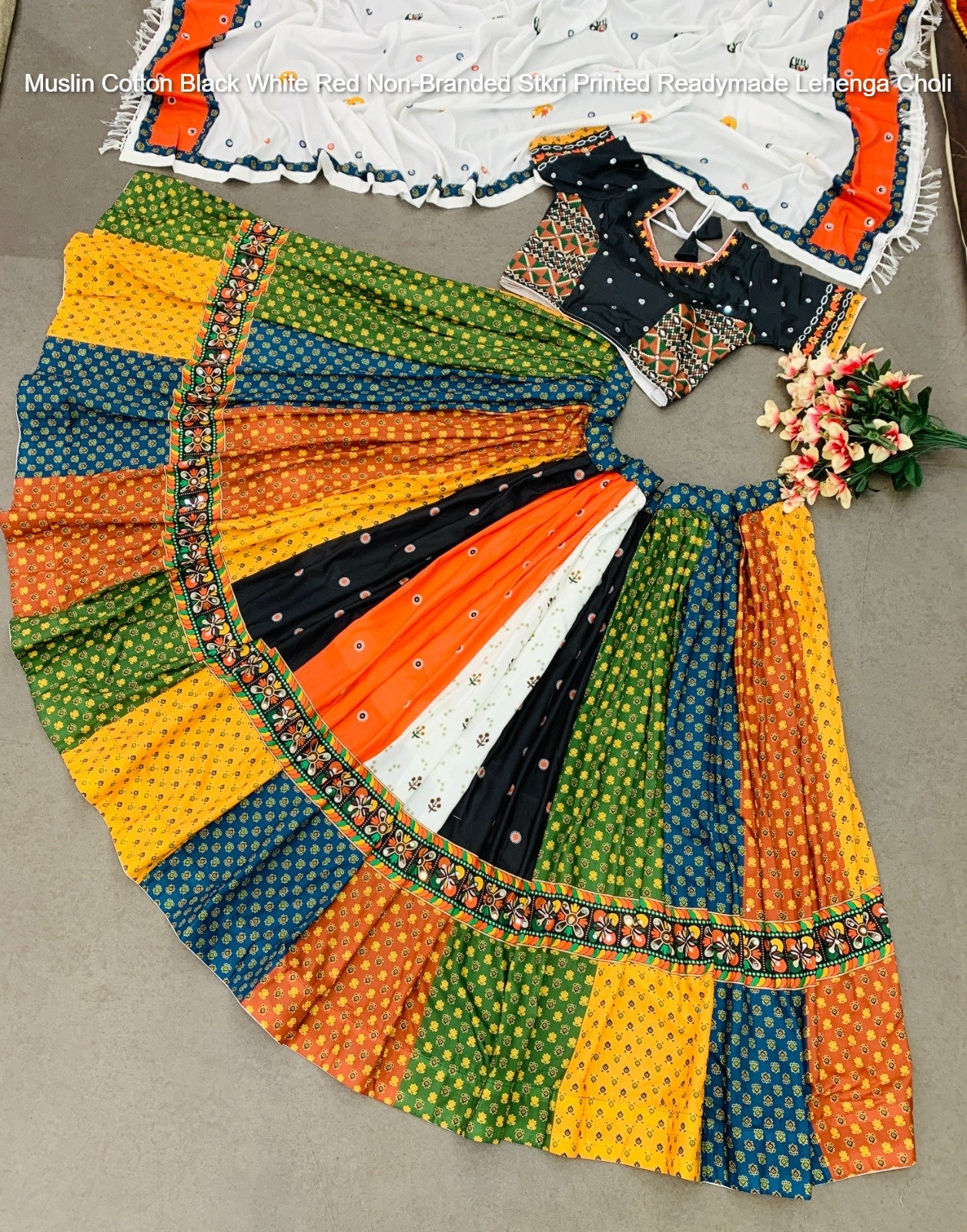 Muslin Cotton Black White Red Non-Branded Stkri Printed Readymade Lehenga Choli