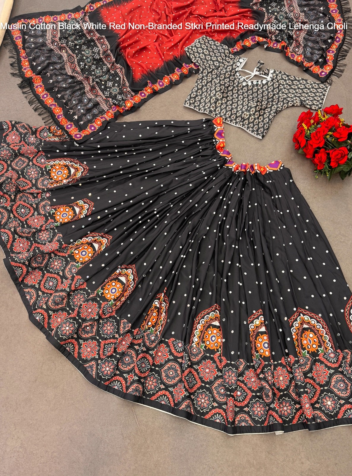 Muslin Cotton Black White Red Non-Branded Stkri Printed Readymade Lehenga Choli