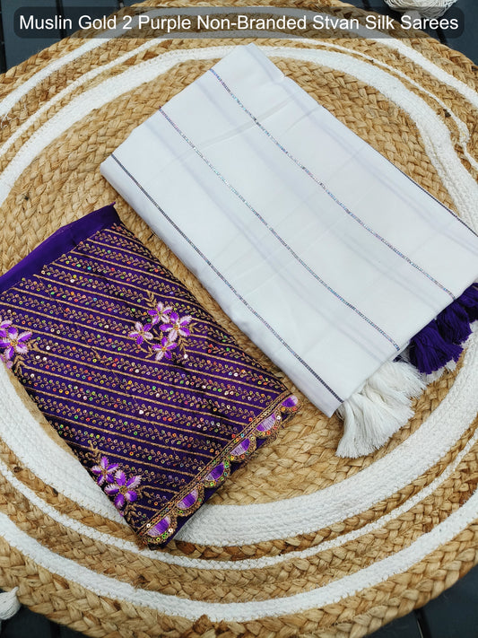 Muslin Gold 2 Purple Non-Branded Stvan Silk Sarees