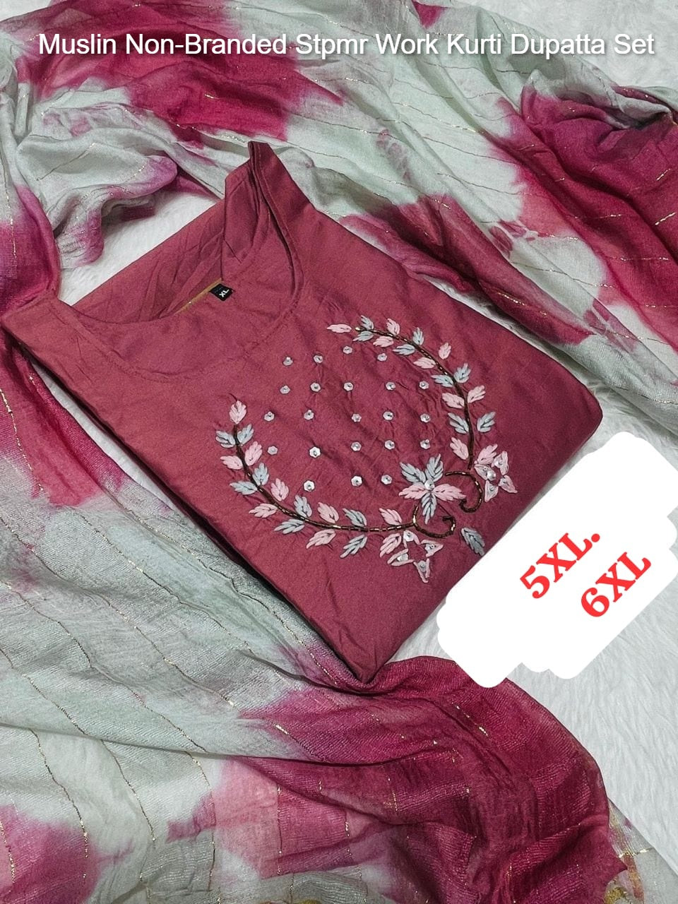 Muslin Non-Branded Stpmr Work Kurti Dupatta Set