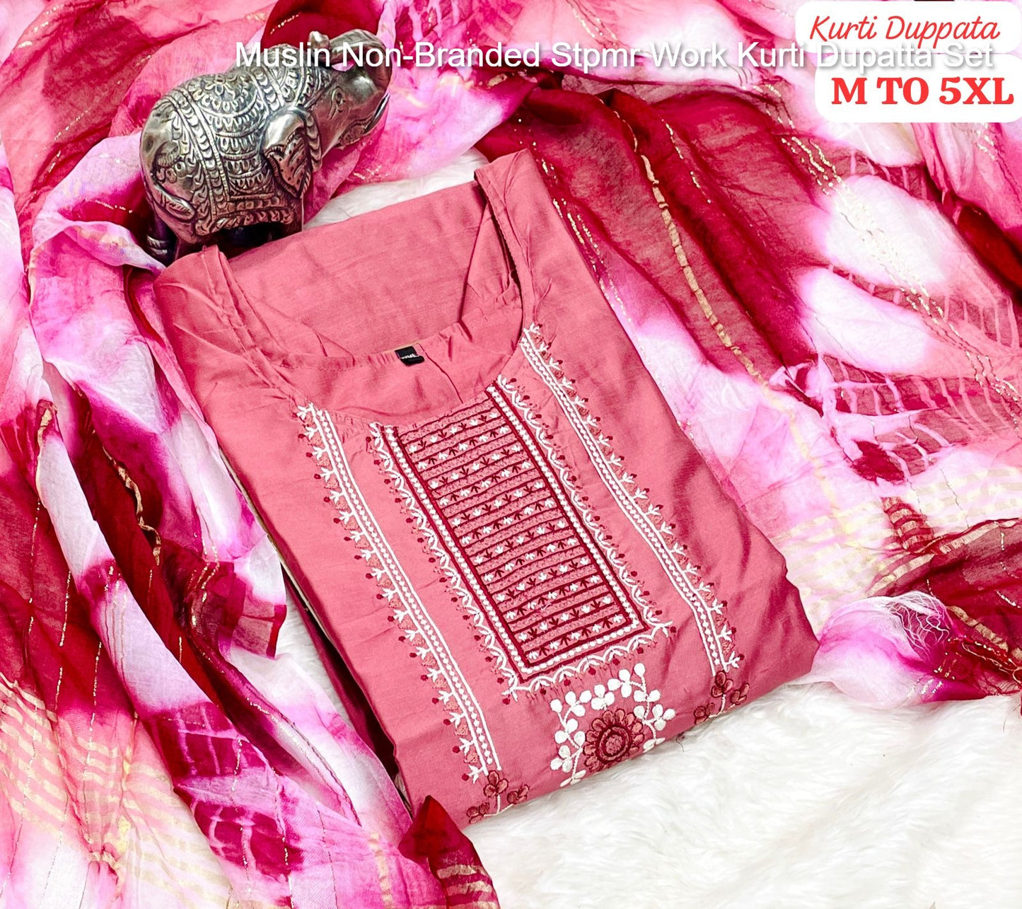 Muslin Non-Branded Stpmr Work Kurti Dupatta Set