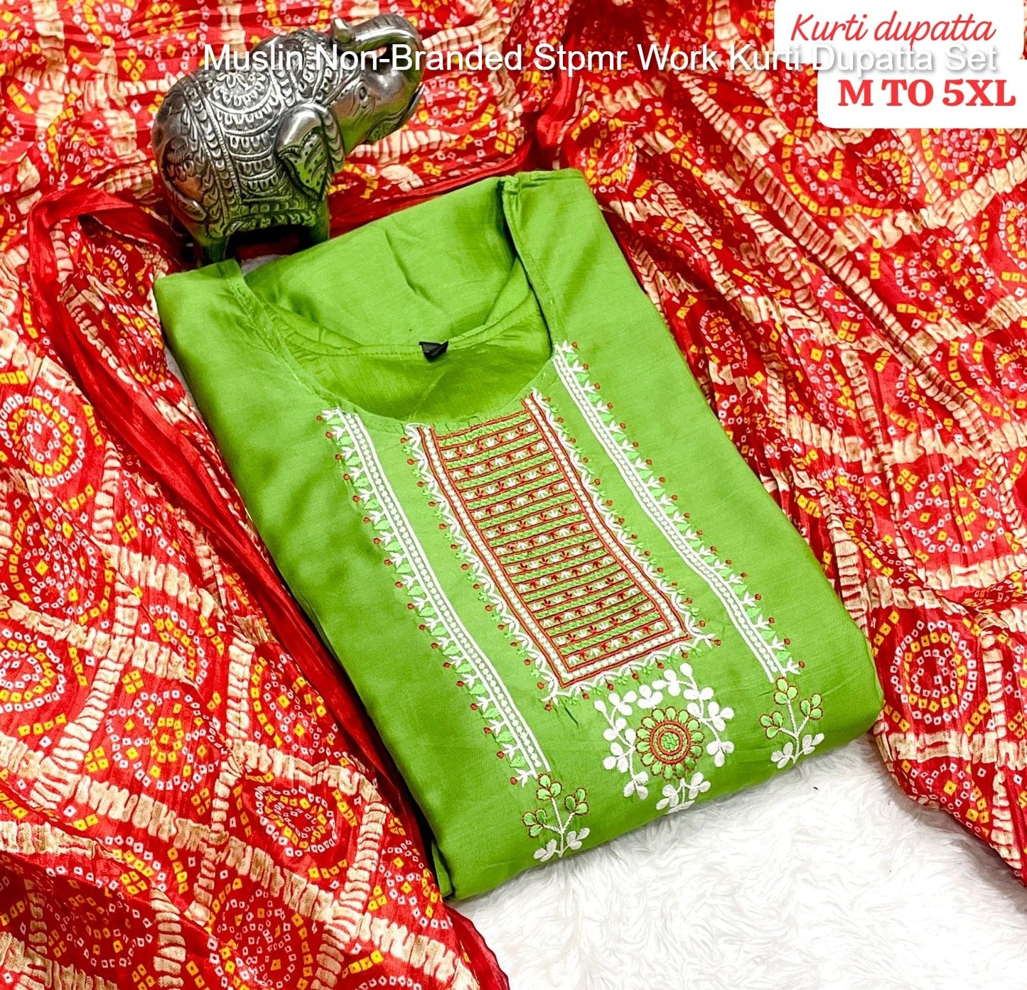 Muslin Non-Branded Stpmr Work Kurti Dupatta Set