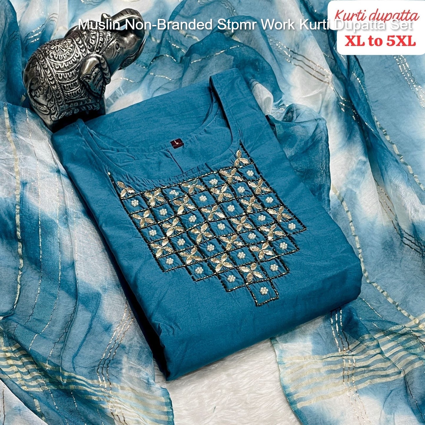 Muslin Non-Branded Stpmr Work Kurti Dupatta Set