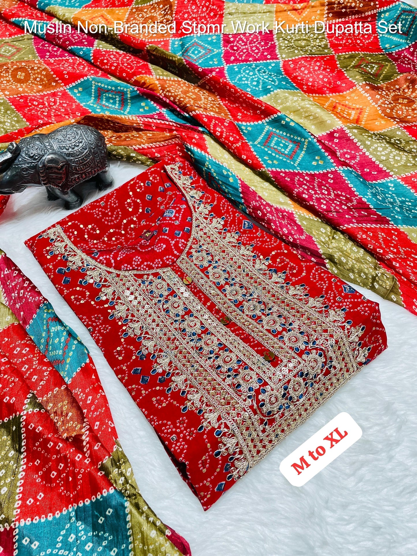 Muslin Non-Branded Stpmr Work Kurti Dupatta Set