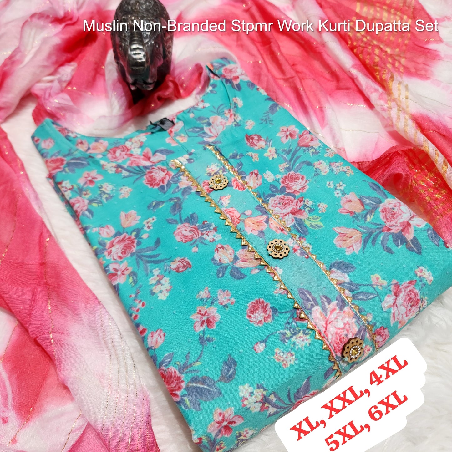 Muslin Non-Branded Stpmr Work Kurti Dupatta Set
