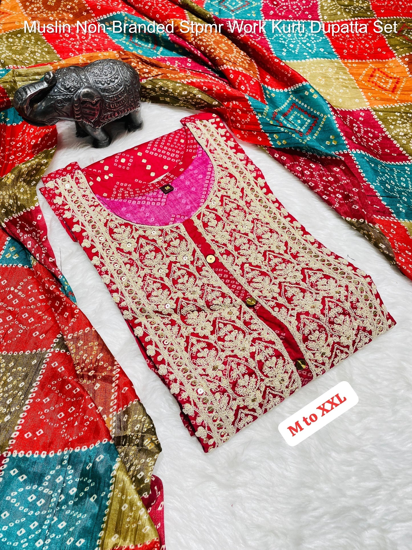 Muslin Non-Branded Stpmr Work Kurti Dupatta Set