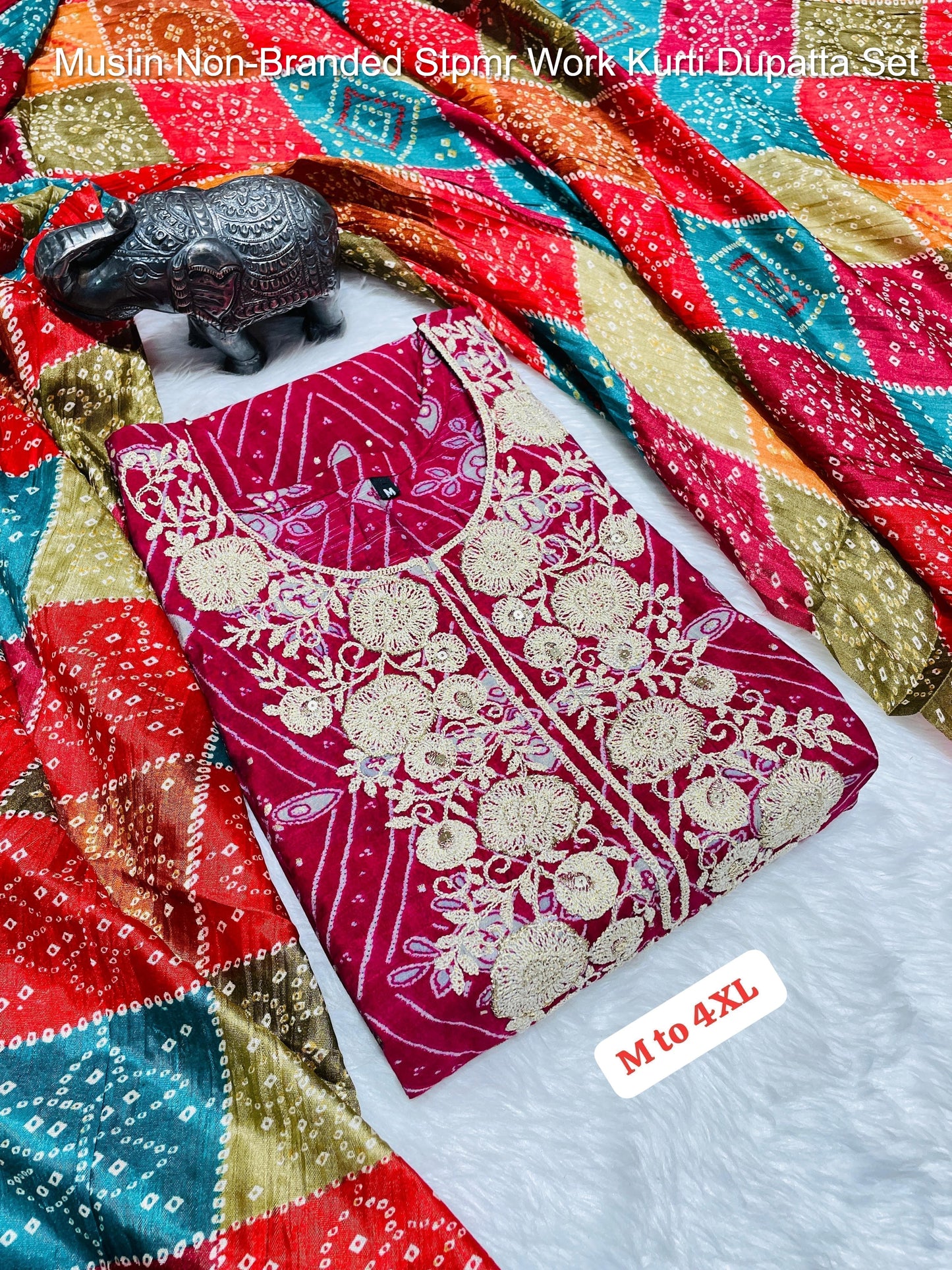 Muslin Non-Branded Stpmr Work Kurti Dupatta Set