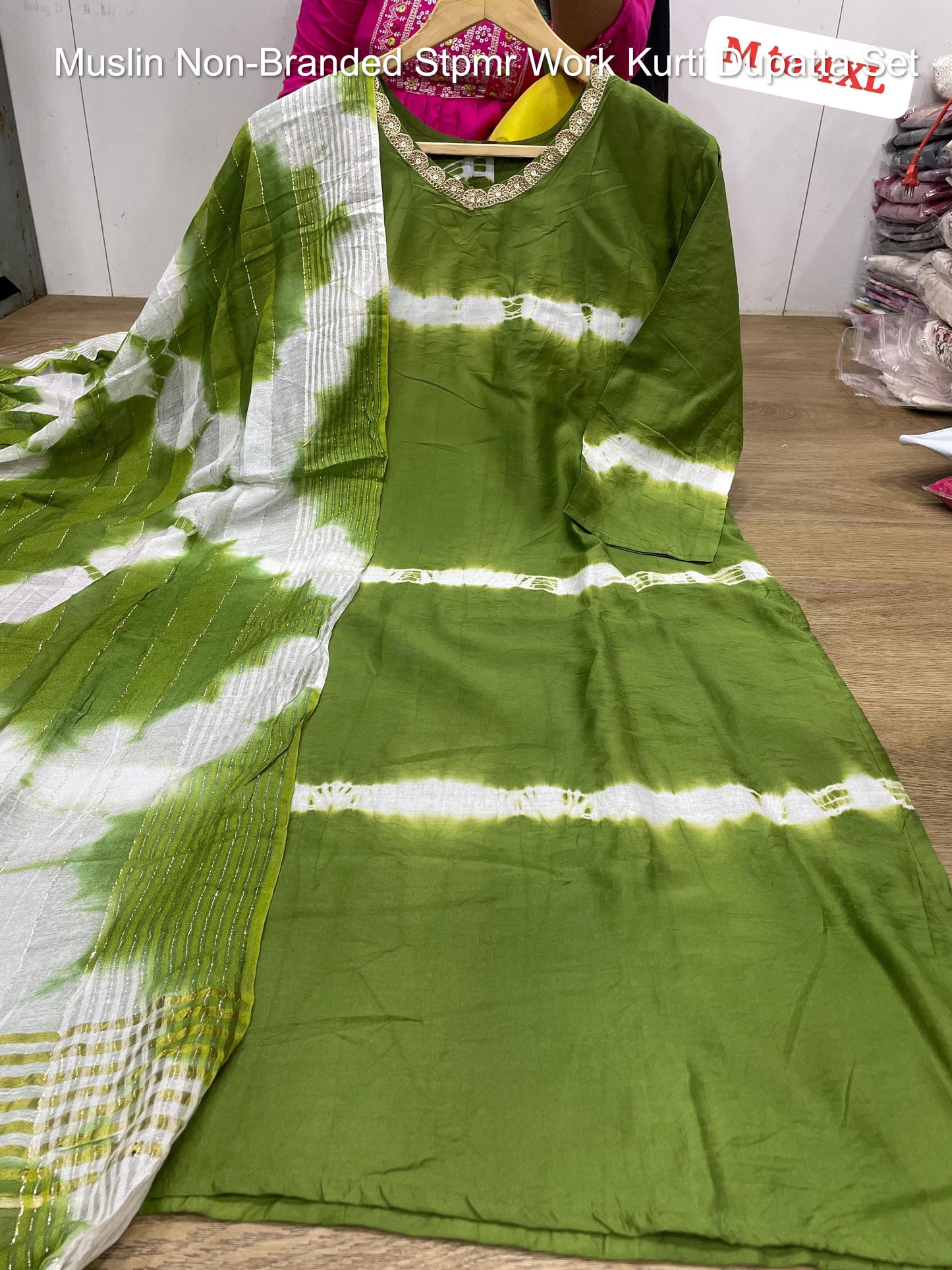 Muslin Non-Branded Stpmr Work Kurti Dupatta Set