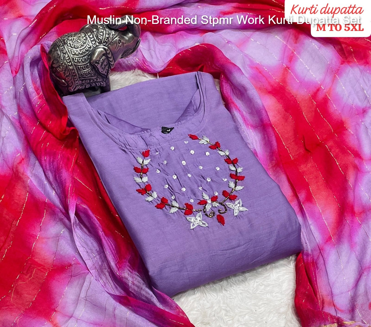 Muslin Non-Branded Stpmr Work Kurti Dupatta Set