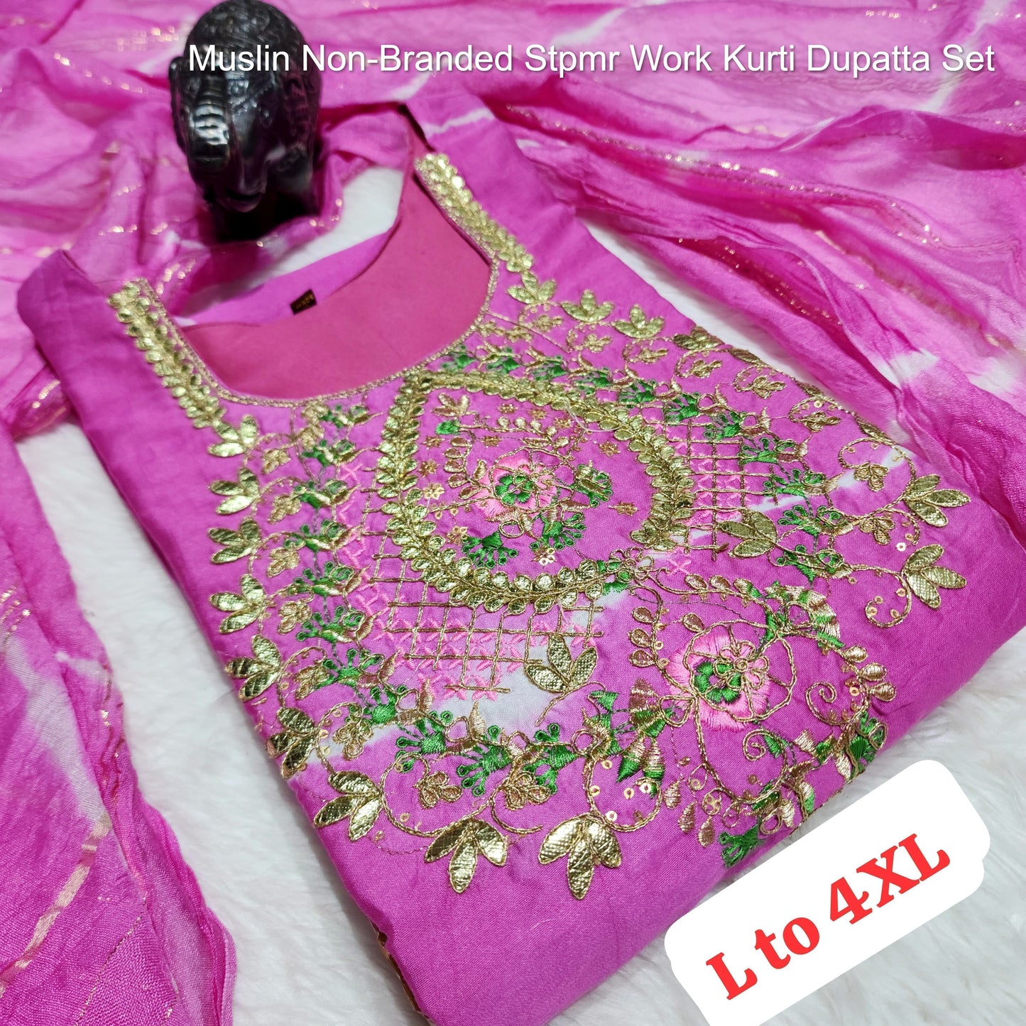 Muslin Non-Branded Stpmr Work Kurti Dupatta Set