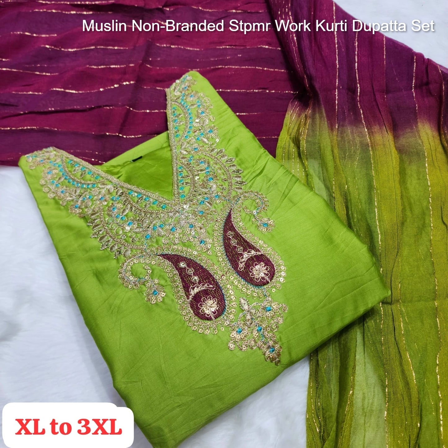 Muslin Non-Branded Stpmr Work Kurti Dupatta Set