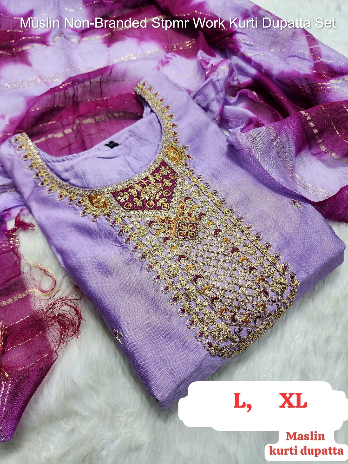 Muslin Non-Branded Stpmr Work Kurti Dupatta Set