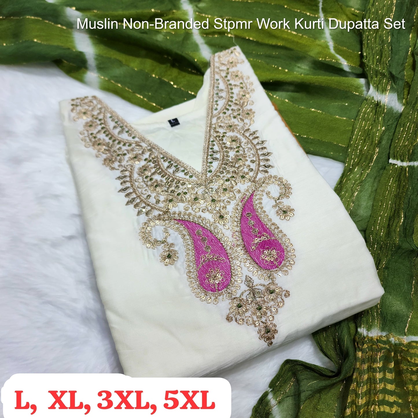 Muslin Non-Branded Stpmr Work Kurti Dupatta Set