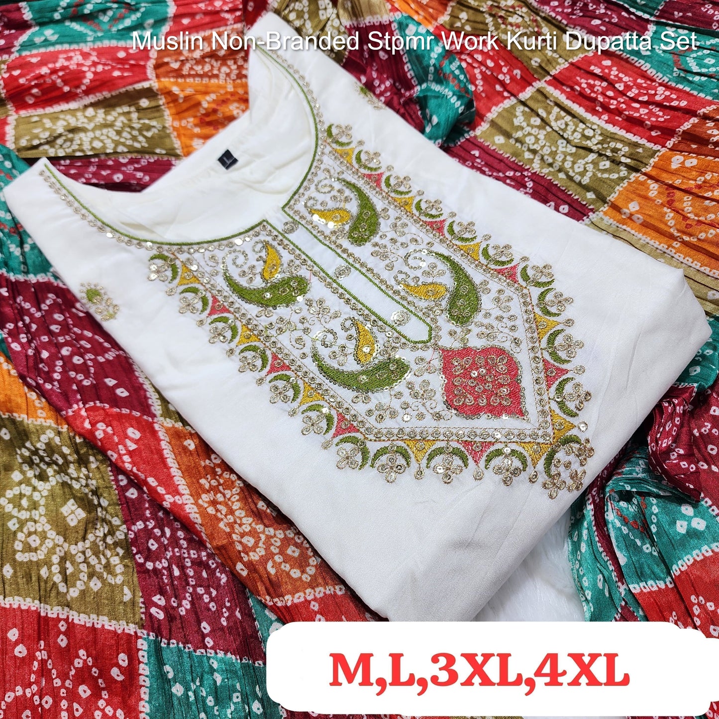 Muslin Non-Branded Stpmr Work Kurti Dupatta Set