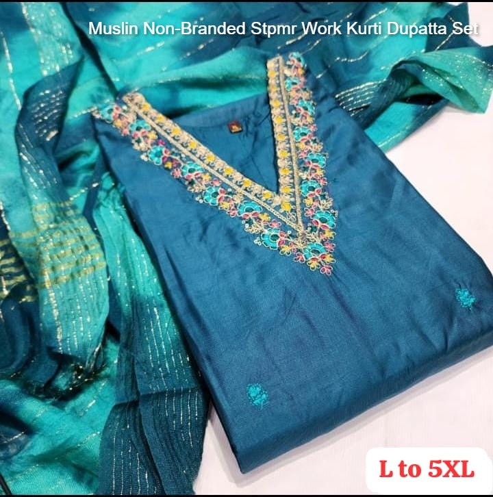 Muslin Non-Branded Stpmr Work Kurti Dupatta Set
