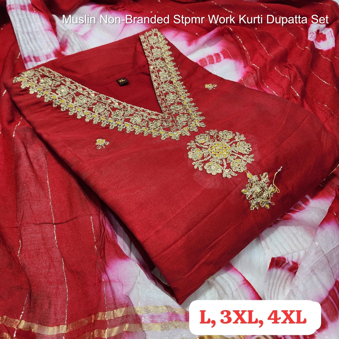 Muslin Non-Branded Stpmr Work Kurti Dupatta Set
