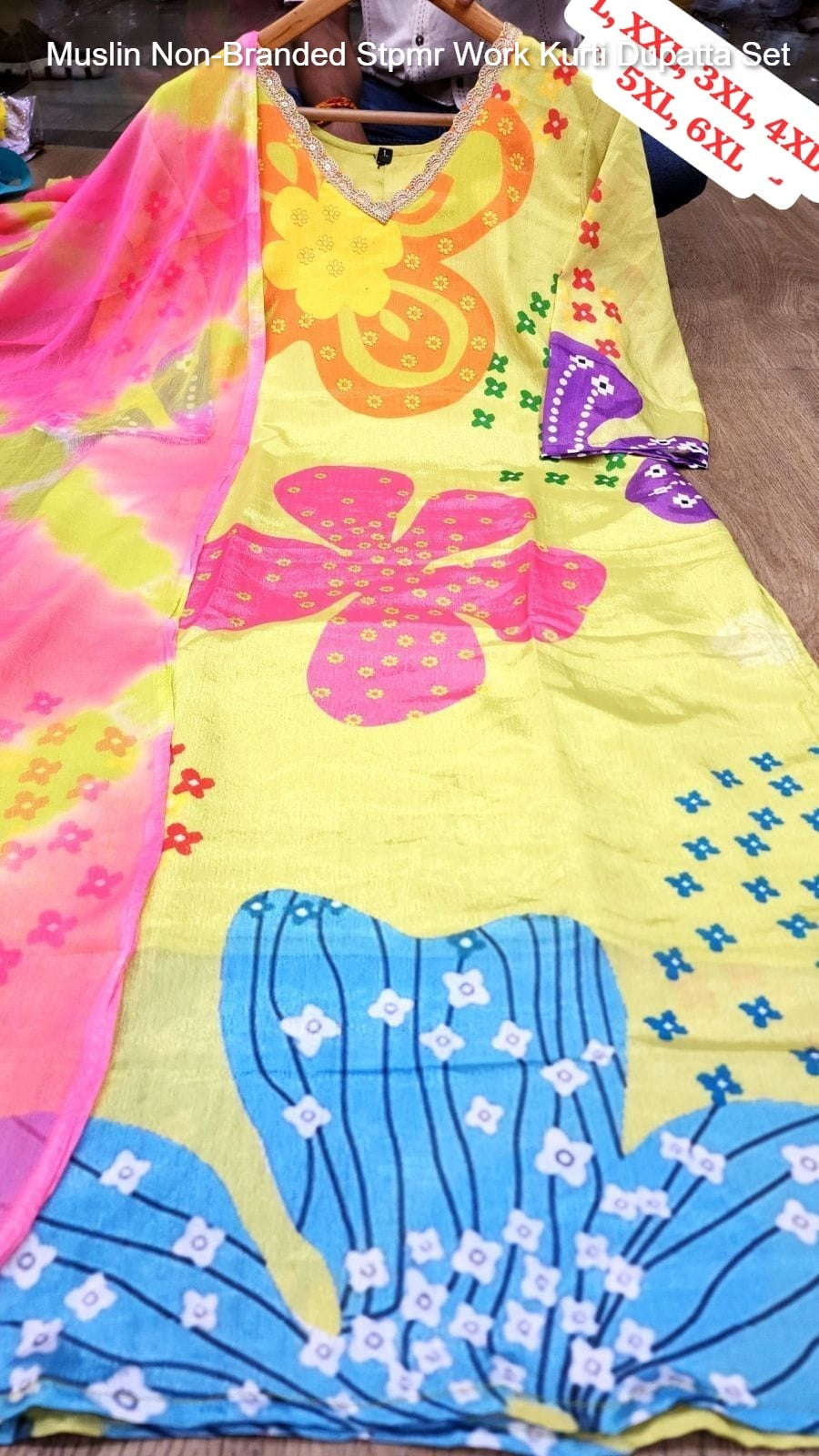 Muslin Non-Branded Stpmr Work Kurti Dupatta Set