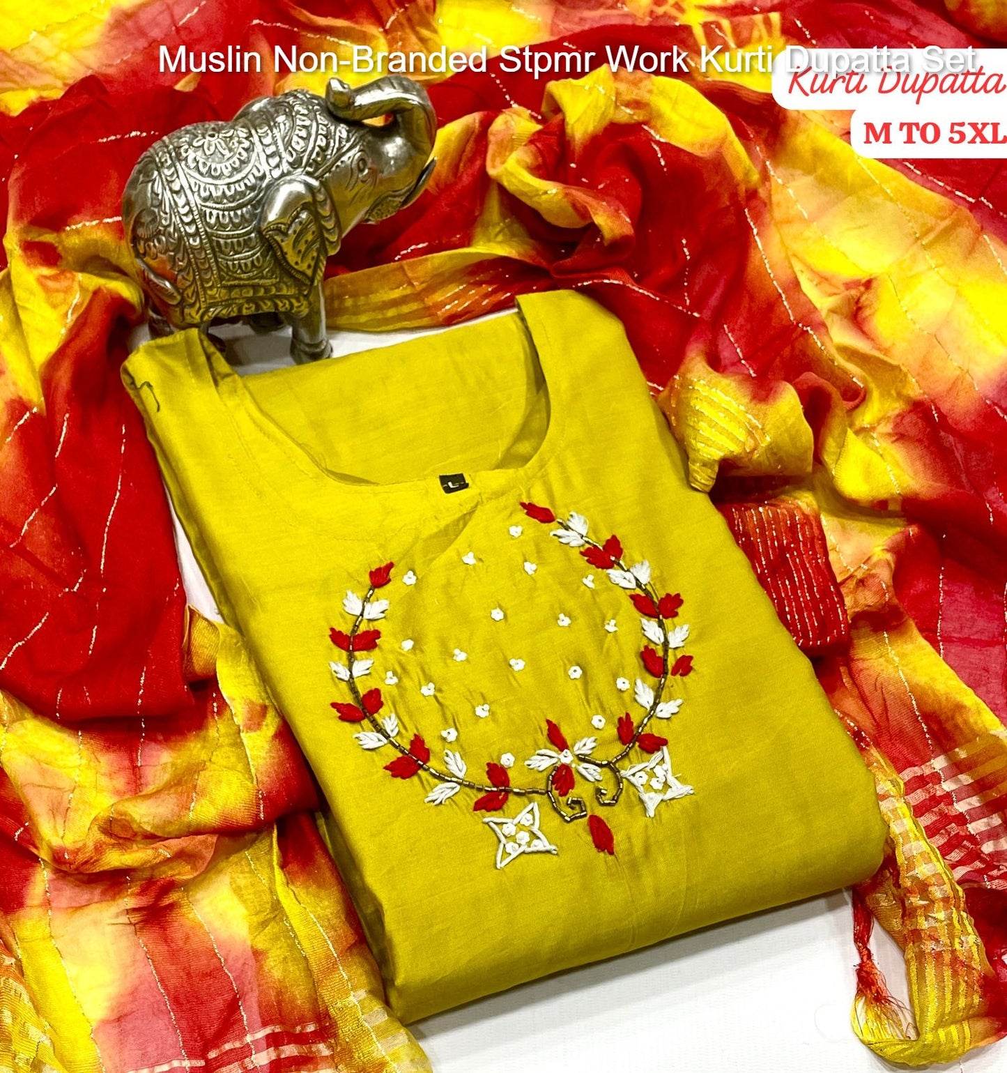 Muslin Non-Branded Stpmr Work Kurti Dupatta Set