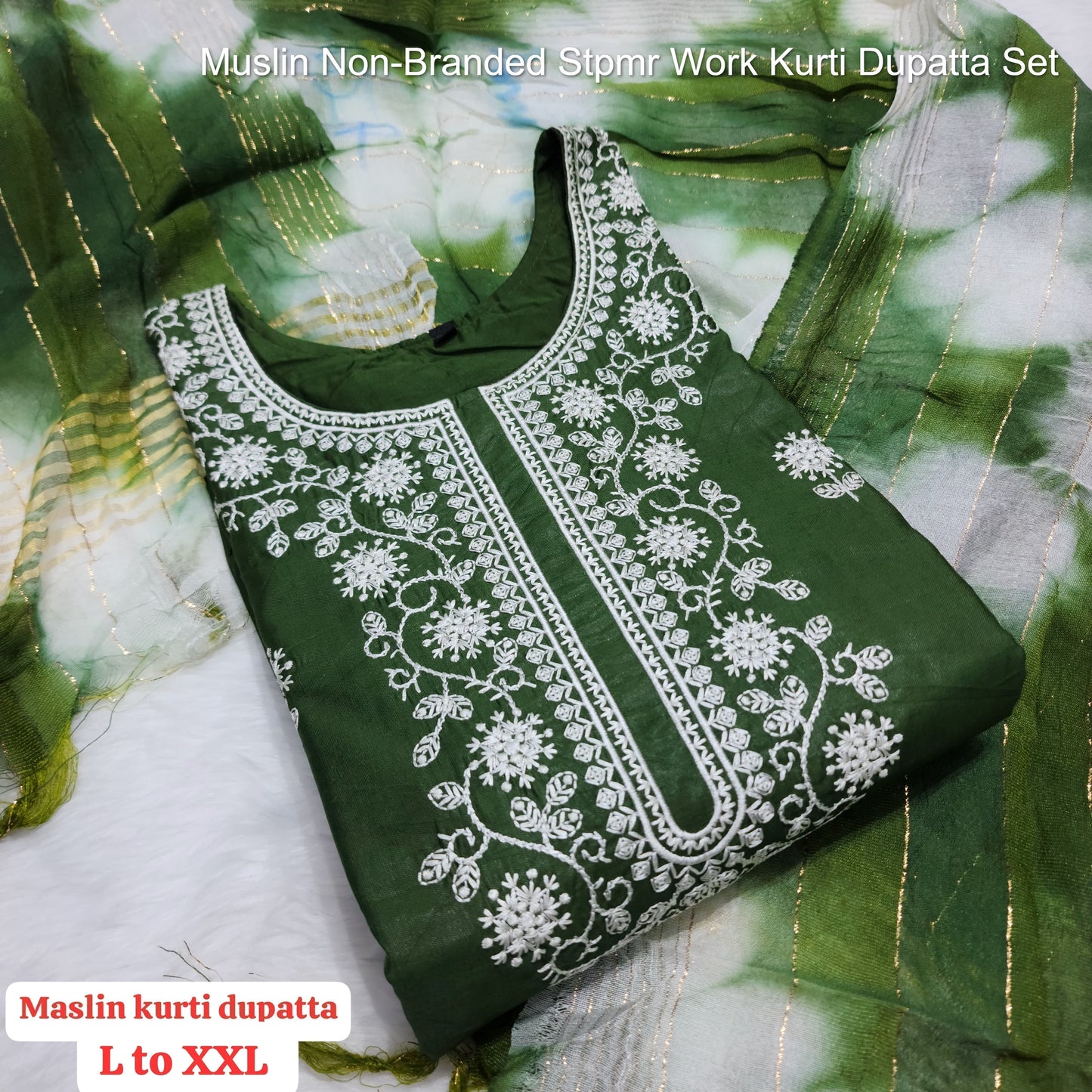 Muslin Non-Branded Stpmr Work Kurti Dupatta Set