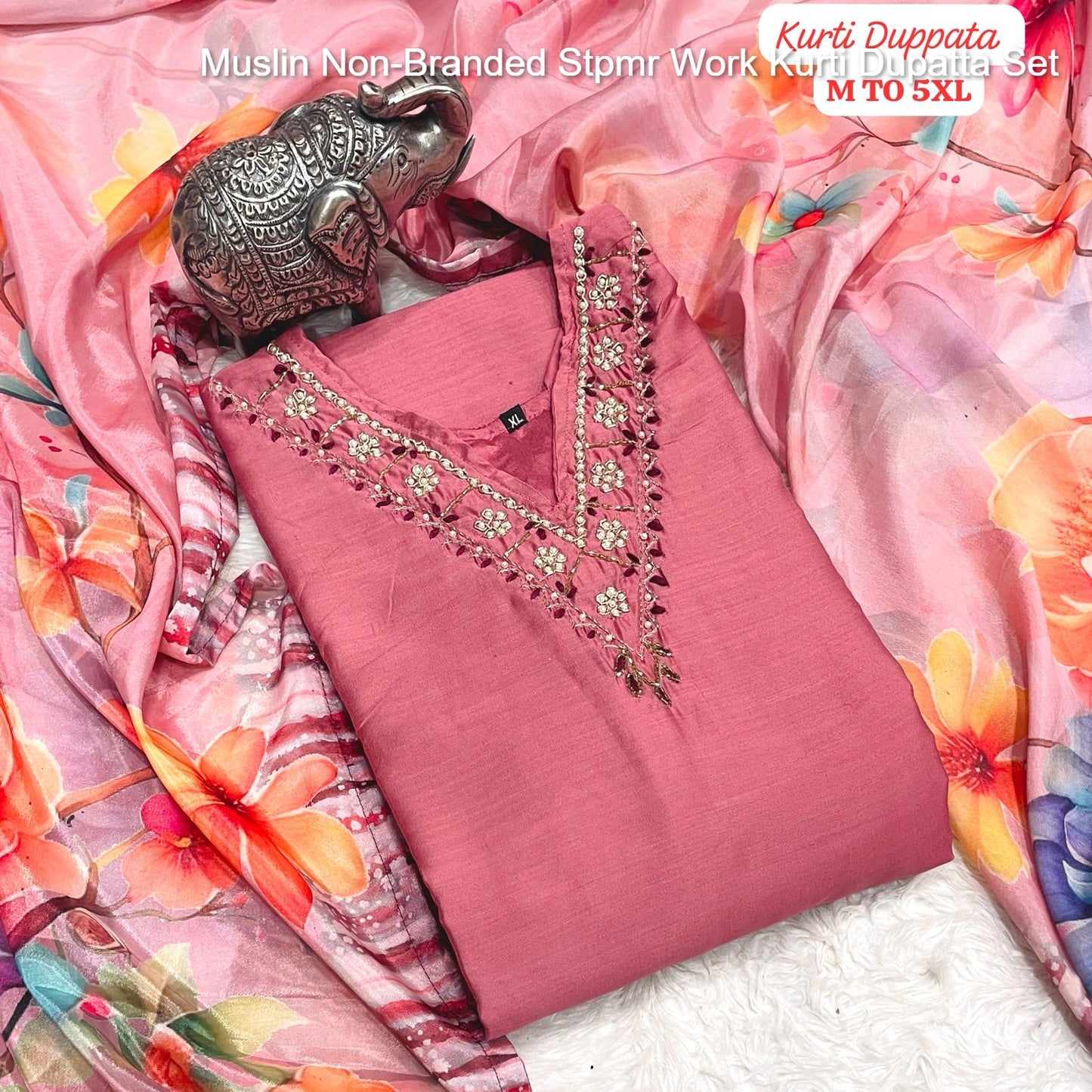 Muslin Non-Branded Stpmr Work Kurti Dupatta Set