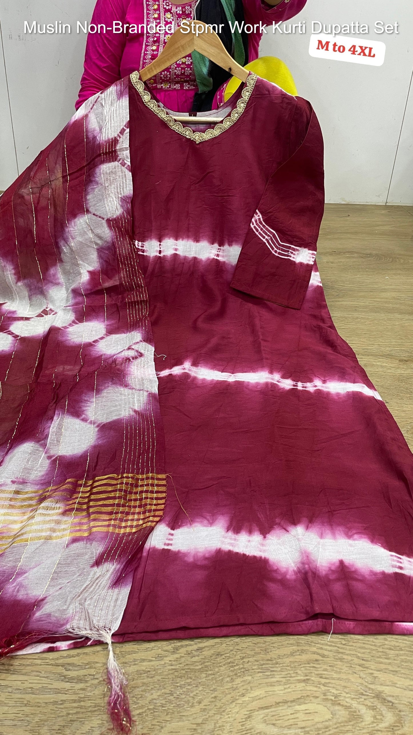 Muslin Non-Branded Stpmr Work Kurti Dupatta Set