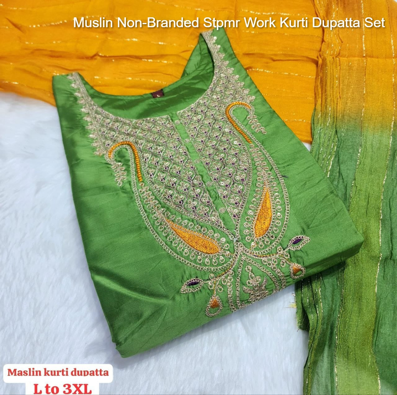 Muslin Non-Branded Stpmr Work Kurti Dupatta Set
