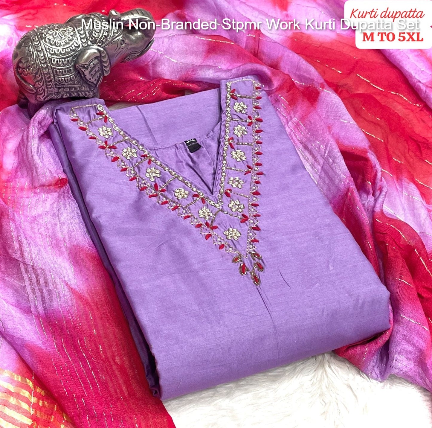 Muslin Non-Branded Stpmr Work Kurti Dupatta Set