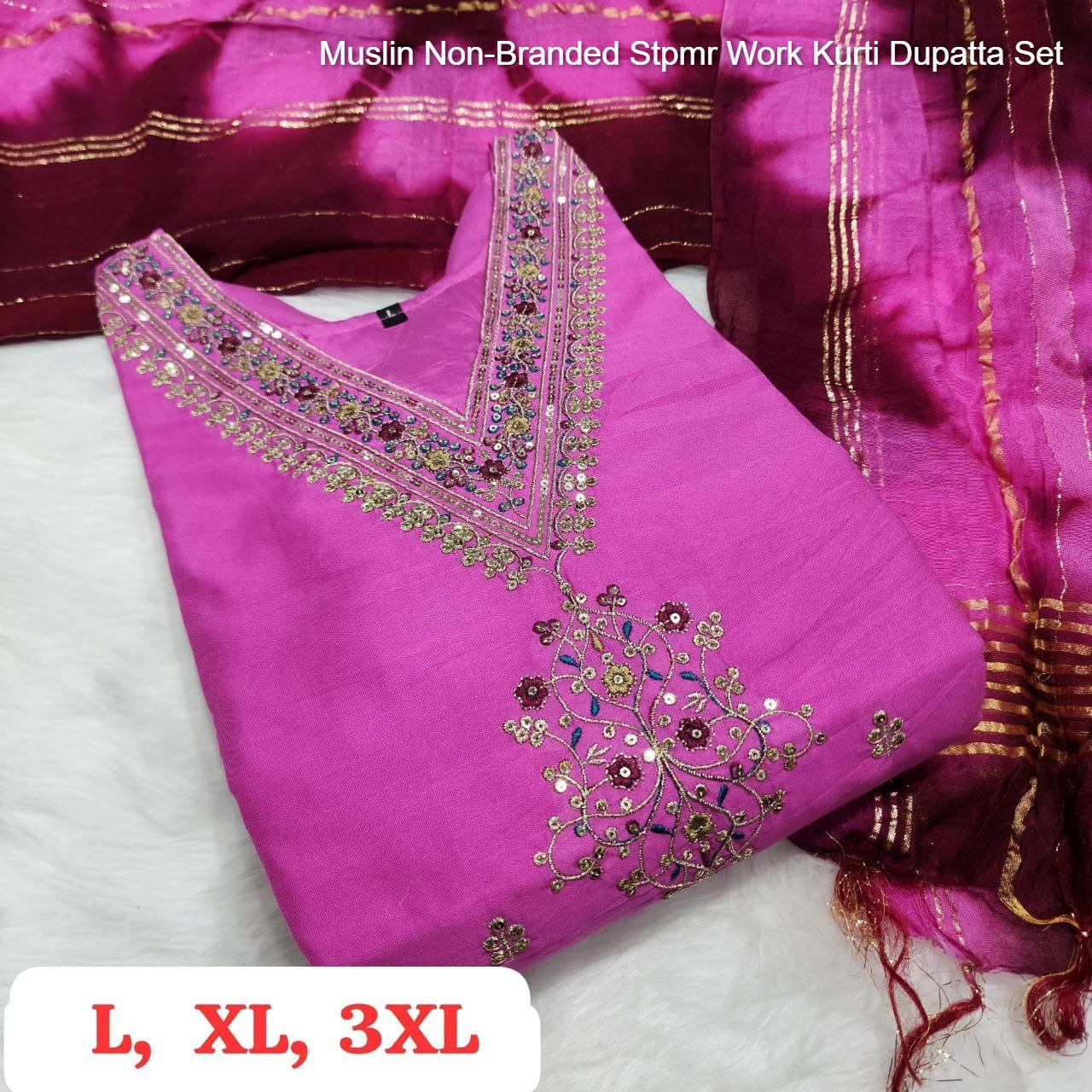 Muslin Non-Branded Stpmr Work Kurti Dupatta Set