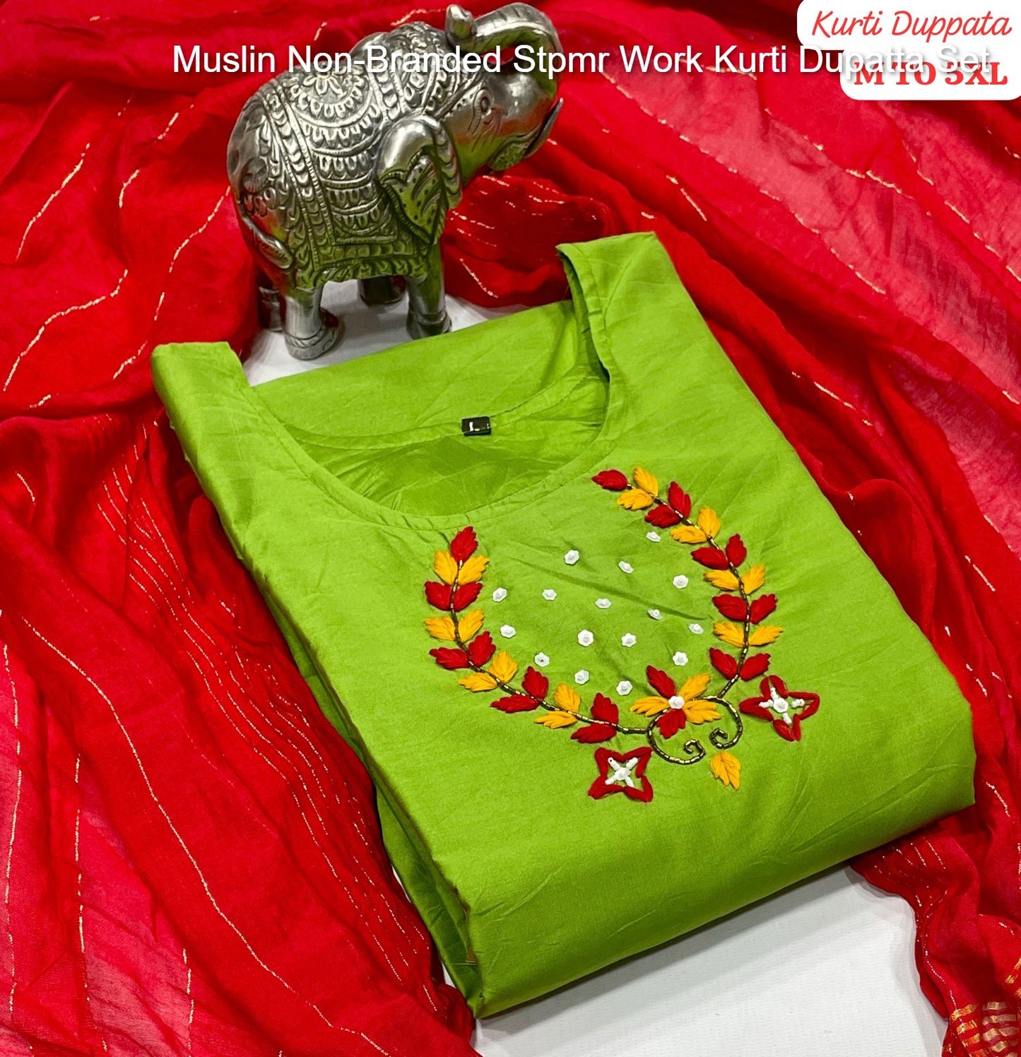 Muslin Non-Branded Stpmr Work Kurti Dupatta Set