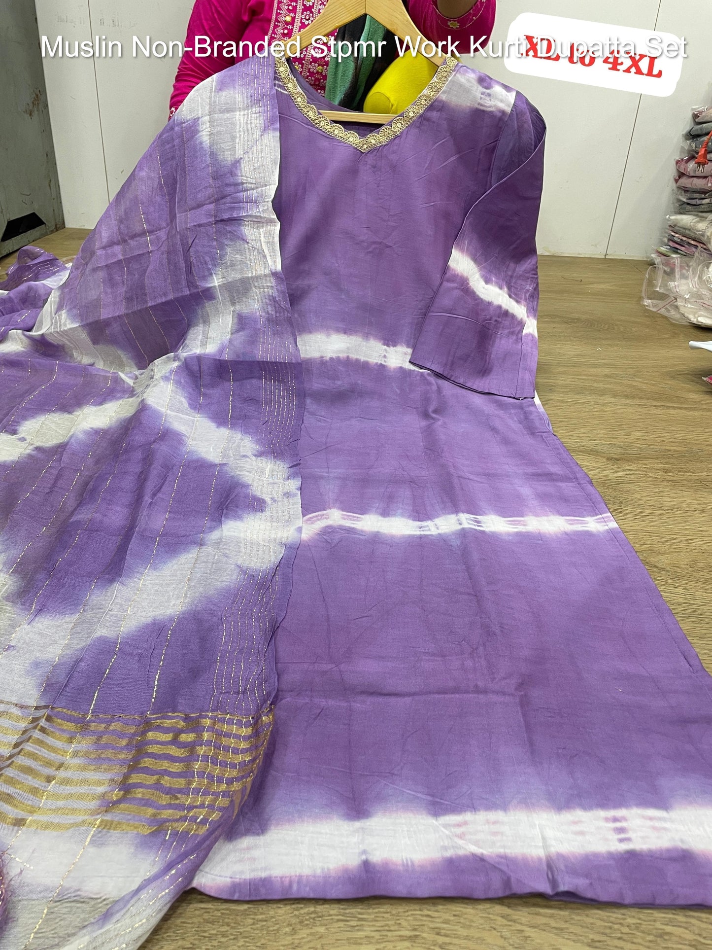 Muslin Non-Branded Stpmr Work Kurti Dupatta Set