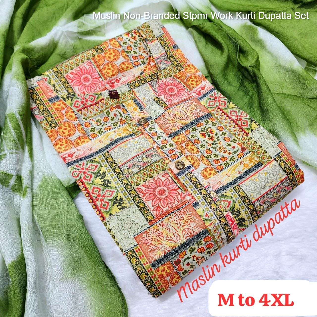 Muslin Non-Branded Stpmr Work Kurti Dupatta Set