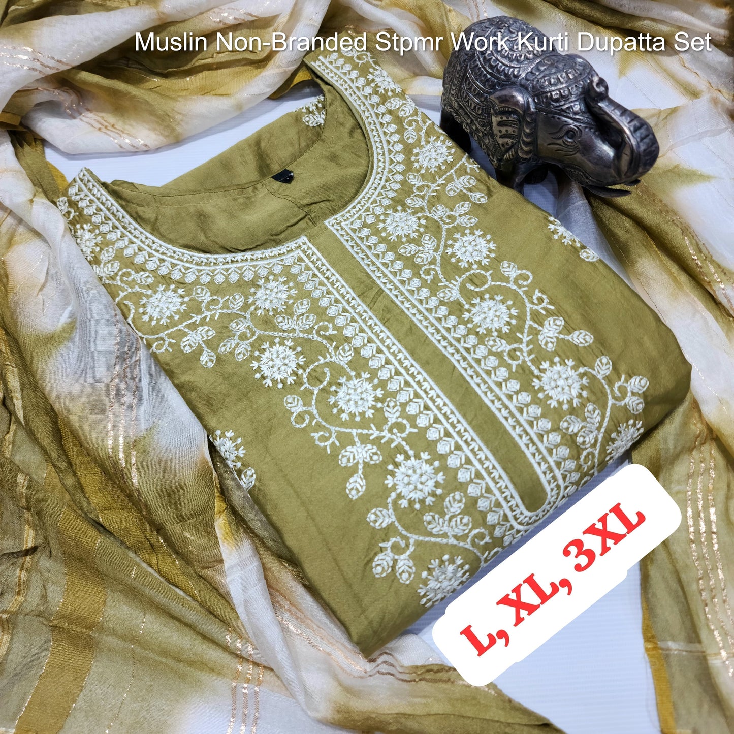 Muslin Non-Branded Stpmr Work Kurti Dupatta Set