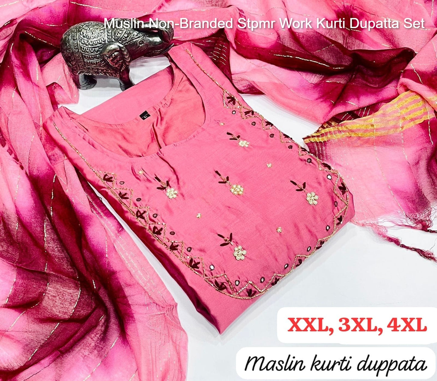 Muslin Non-Branded Stpmr Work Kurti Dupatta Set