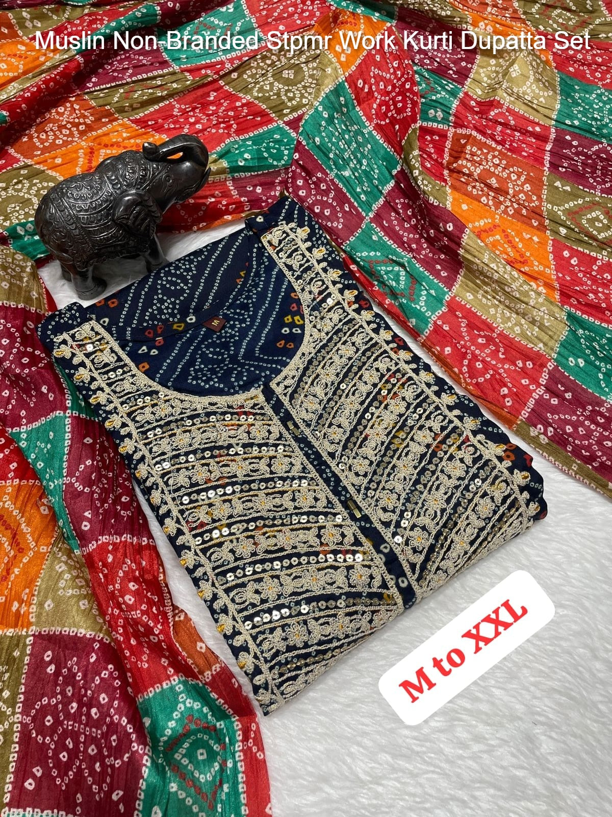 Muslin Non-Branded Stpmr Work Kurti Dupatta Set