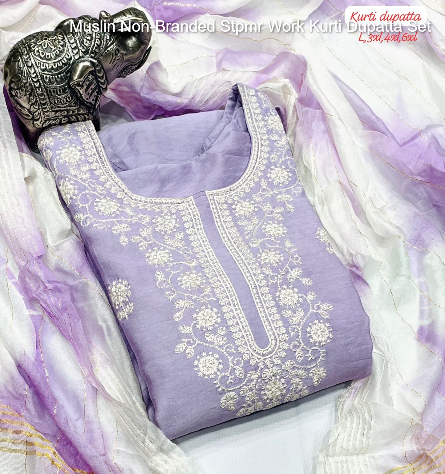 Muslin Non-Branded Stpmr Work Kurti Dupatta Set