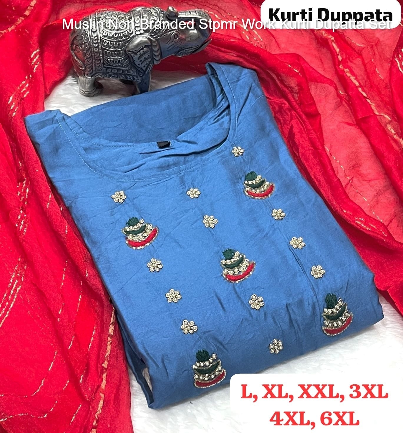 Muslin Non-Branded Stpmr Work Kurti Dupatta Set