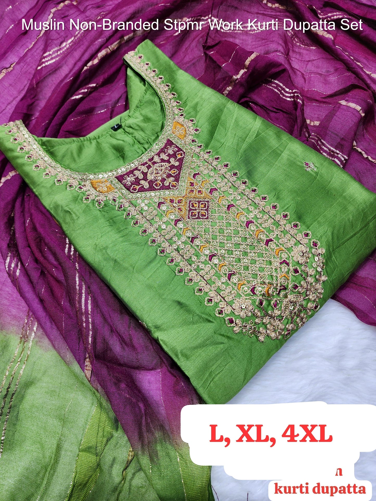 Muslin Non-Branded Stpmr Work Kurti Dupatta Set
