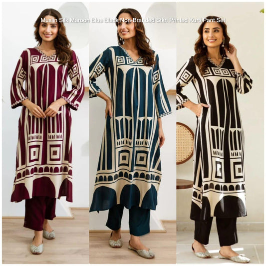 Muslin Silk Maroon Blue Black Non-Branded Stkri Printed Kurti Pant Set