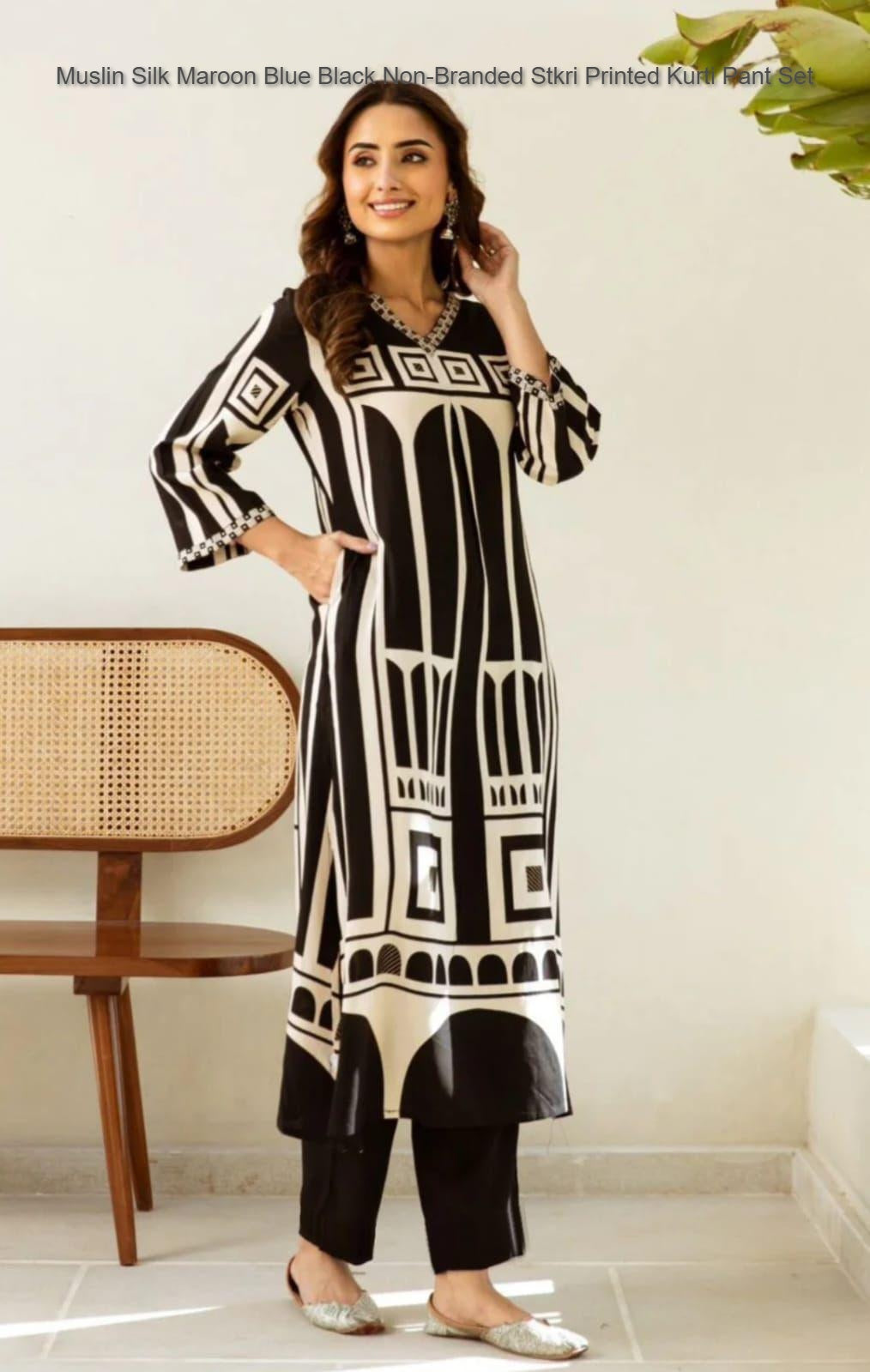Muslin Silk Maroon Blue Black Non-Branded Stkri Printed Kurti Pant Set