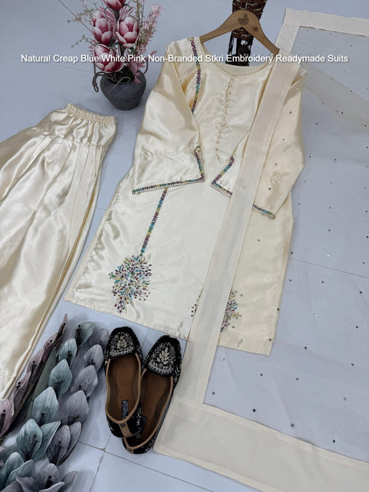 Natural Creap Blue White Pink Non-Branded Stkri Embroidery Readymade Suits