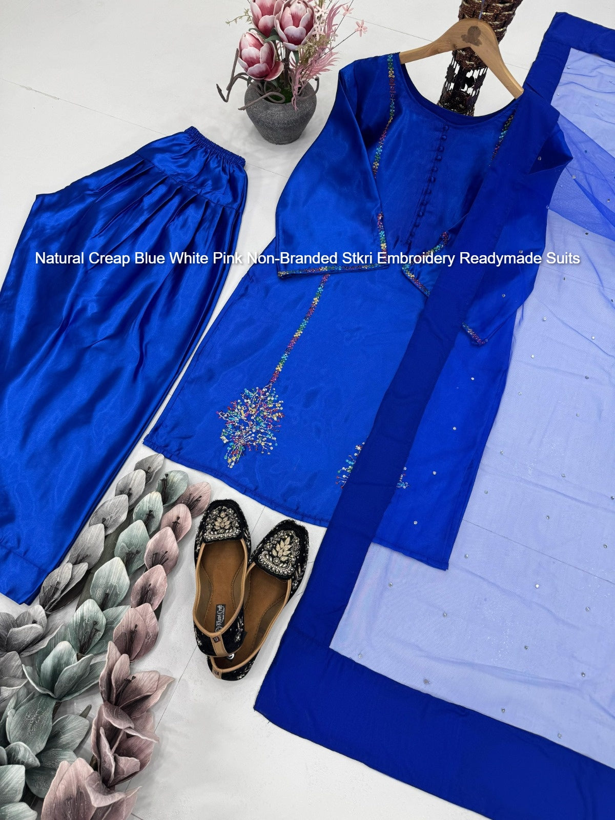 Natural Creap Blue White Pink Non-Branded Stkri Embroidery Readymade Suits