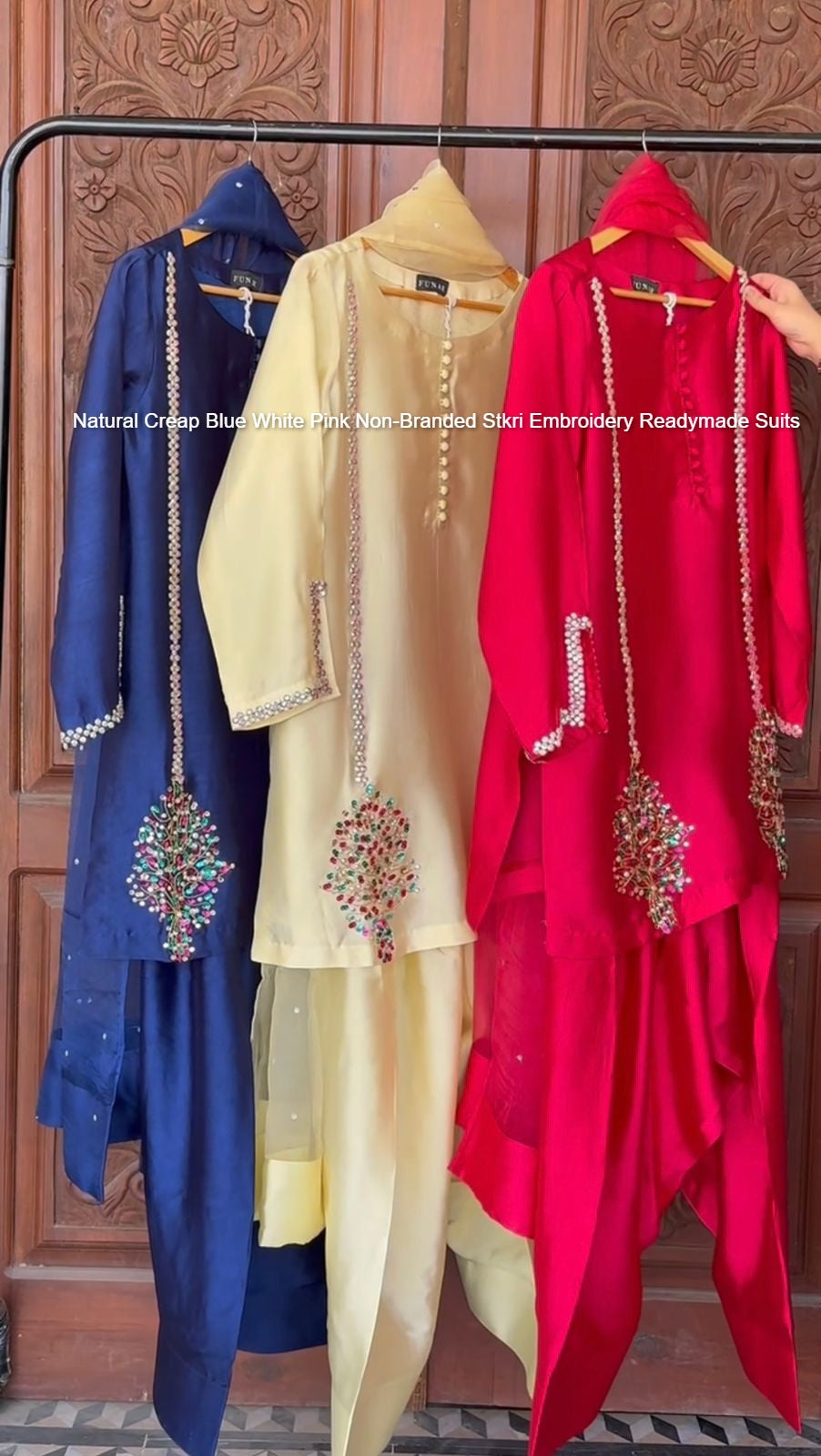 Natural Creap Blue White Pink Non-Branded Stkri Embroidery Readymade Suits