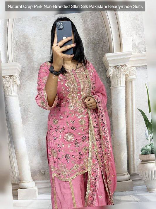 Natural Crep Pink Non-Branded Stkri Silk Pakistani Readymade Suits