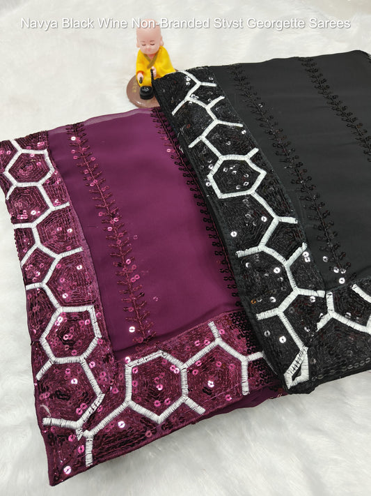 Navya Black Wine Non-Branded Stvst Georgette Sarees
